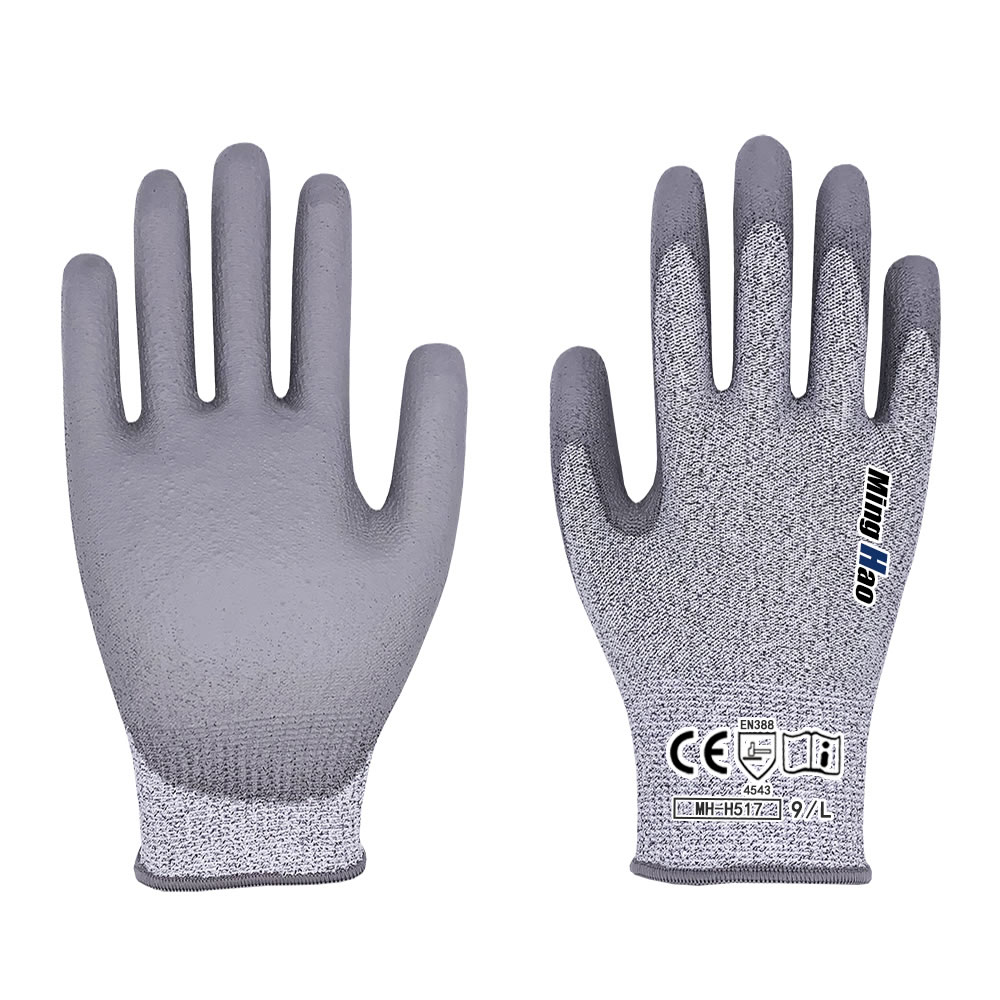 HPPE anti cutting Pu palm coated gloves (grey glue)